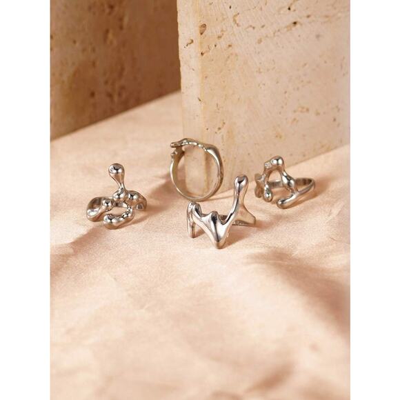 4x Chic Avant Garde Molten Liquid Silver Metal Drip Ring Set - Picture 3 of 5